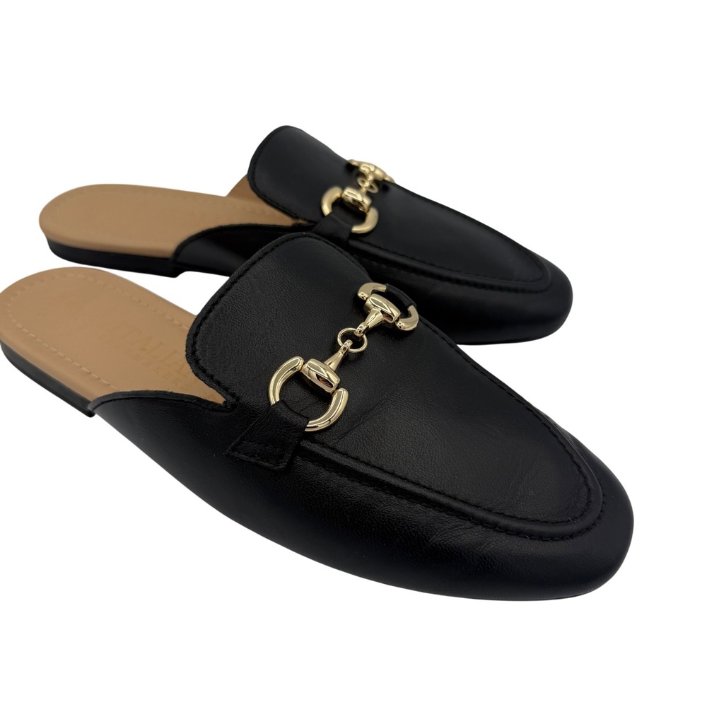 Italian Shoemakers Mules Womens 7.5 Black Leather Flat Loafer minimalist classic